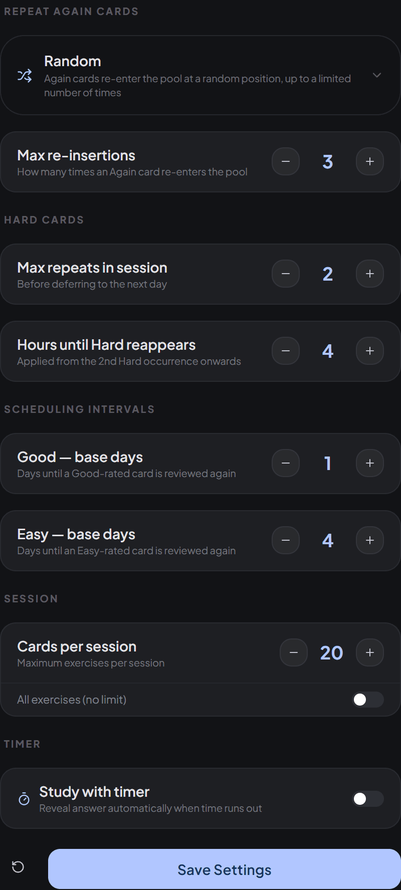 Mnemova Study Settings screen with the default values: Random repeat mode with 3 re-insertions, 2 Hard repeats, 4 hours until Hard reappears, Good 1 day, Easy 4 days, 20 cards per session