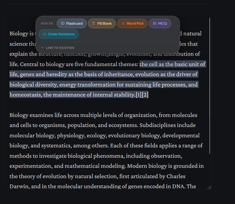 Annotate mode with text selected and exercise-type popup visible