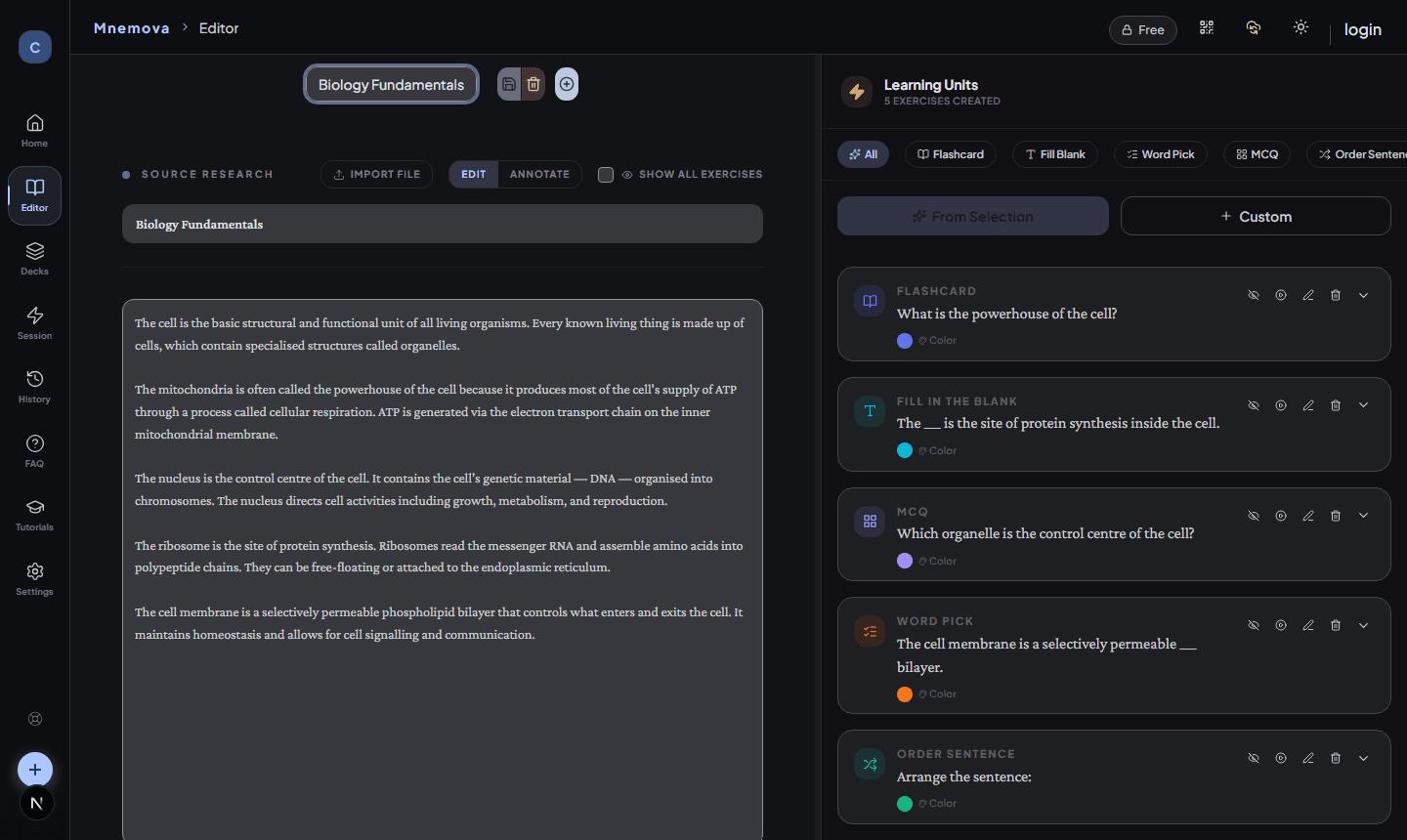 Editor with Biology Fundamentals deck and 5 exercises