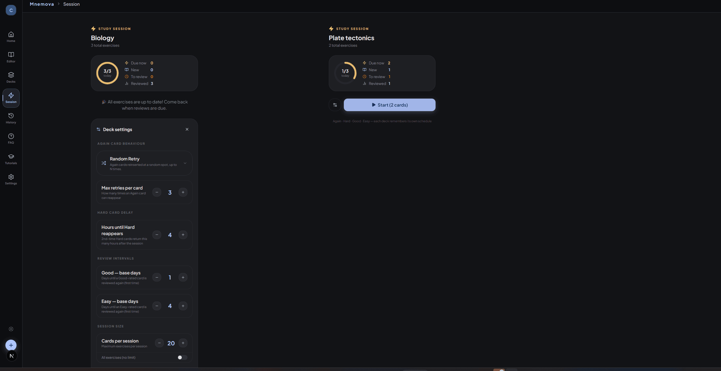 Session page showing two decks, one with study settings panel open