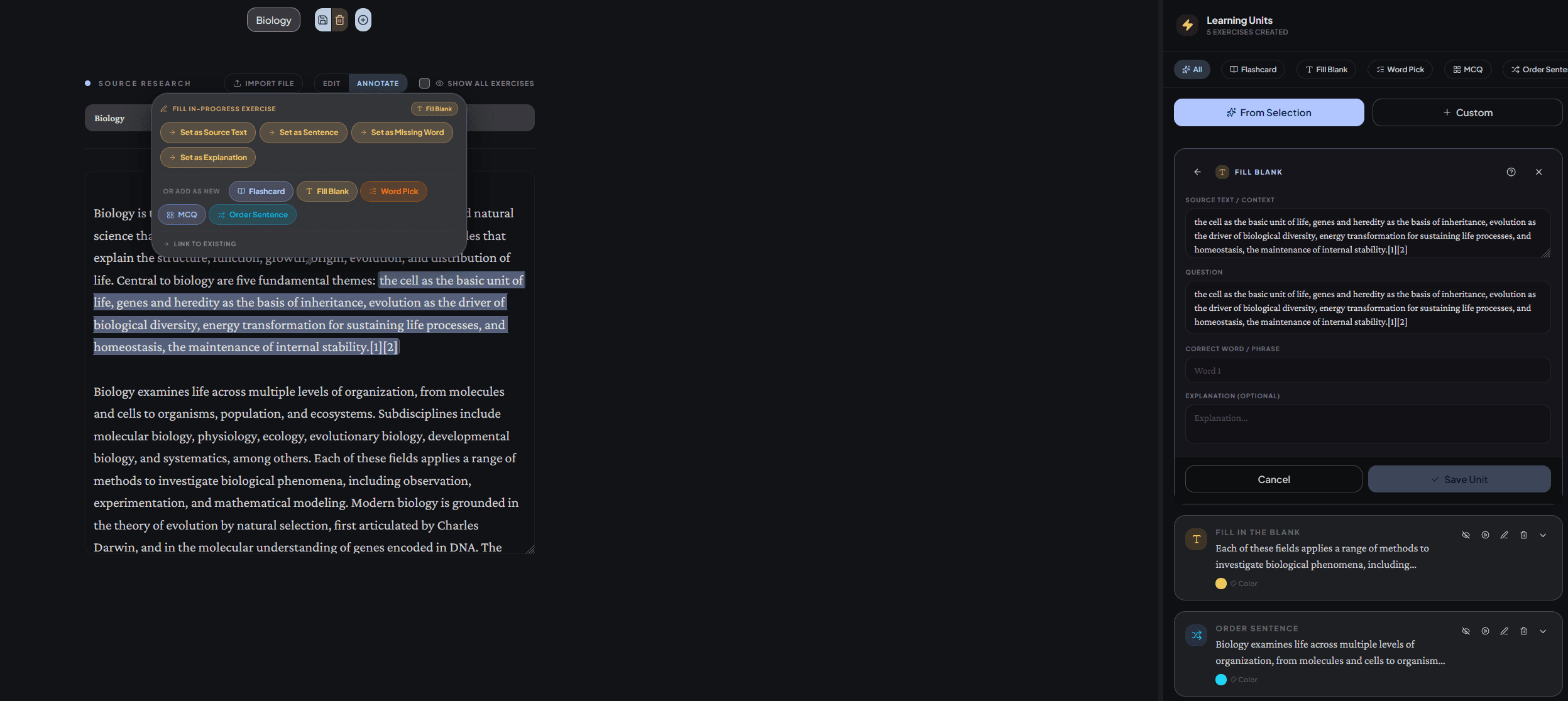 Exercise panel with unfilled fields and a popup for selecting which property to set from selected text